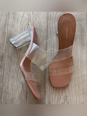 Zara clear block heel sandals in tan & pink